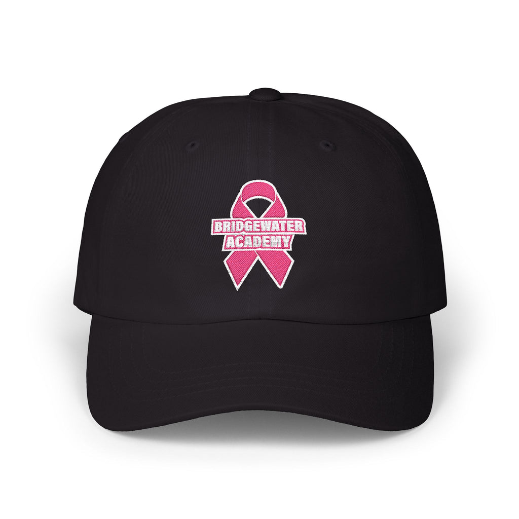 Black cap with pink ribbon and 'Bridgewater Academy' text on a white background