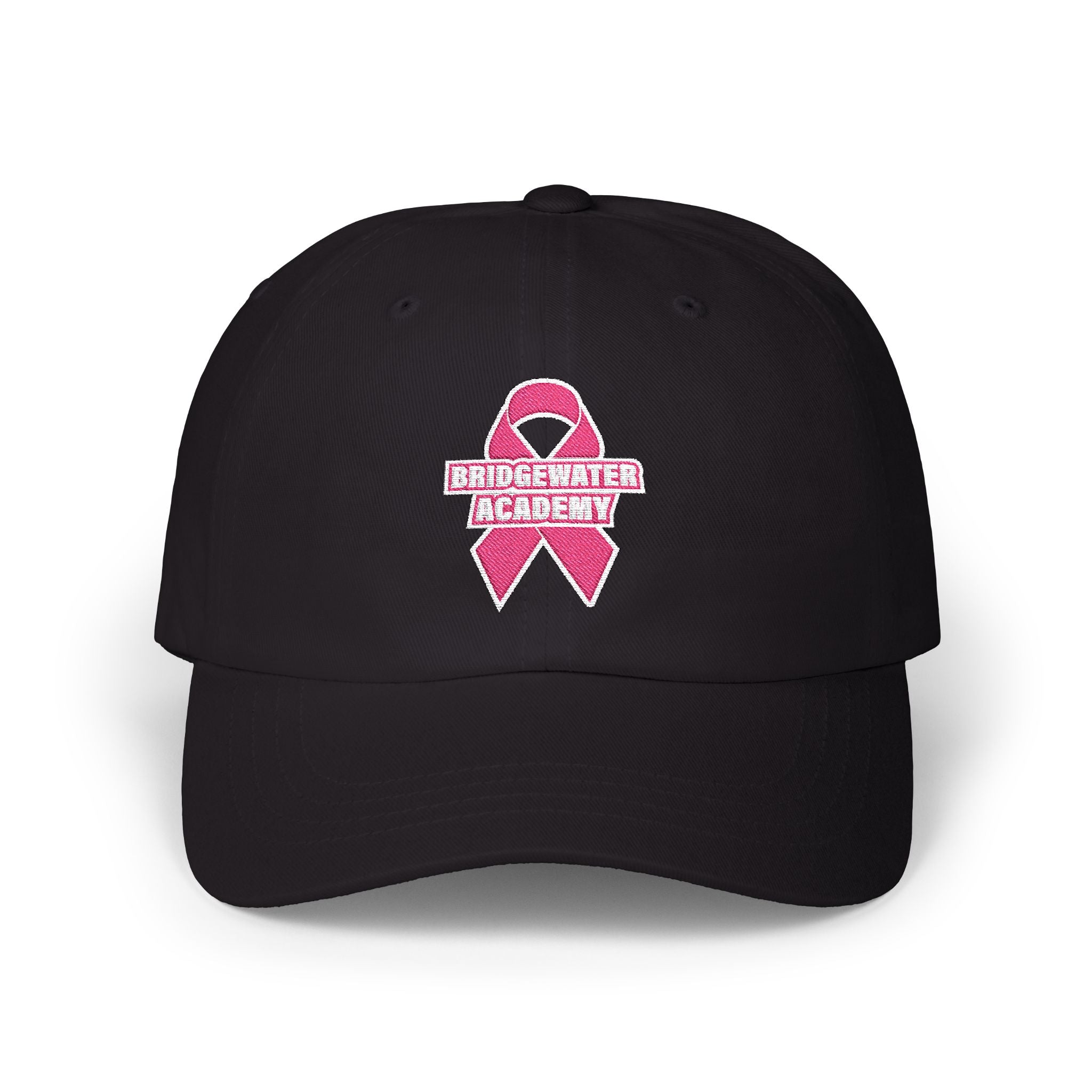 Black cap with pink ribbon and 'Bridgewater Academy' text on a white background