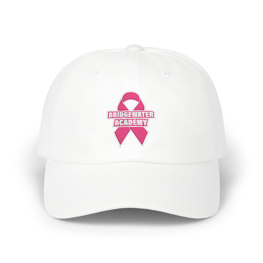 White cap with pink ribbon and 'Bridgewater Academy' text on a white background