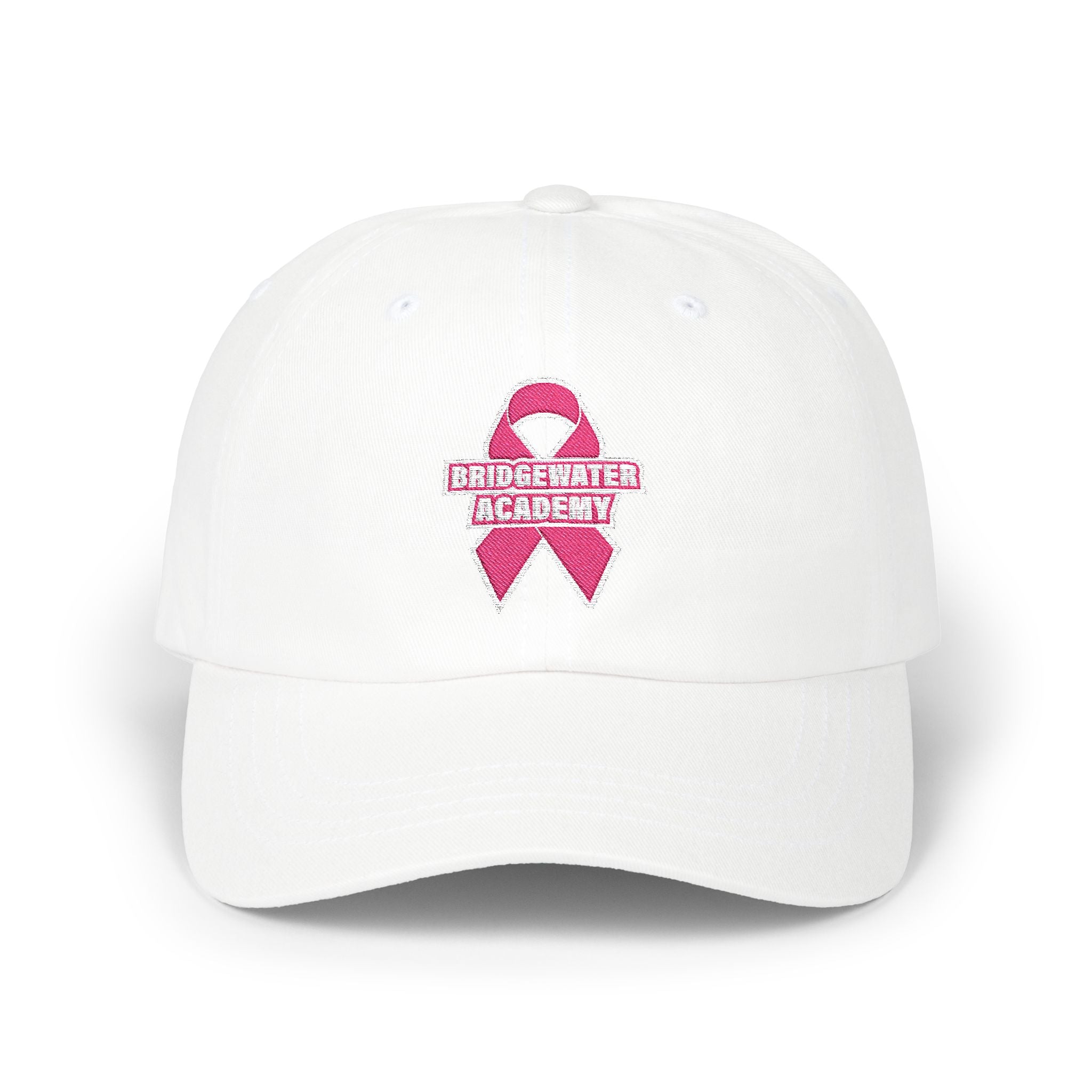 White cap with pink ribbon and 'Bridgewater Academy' text on a white background