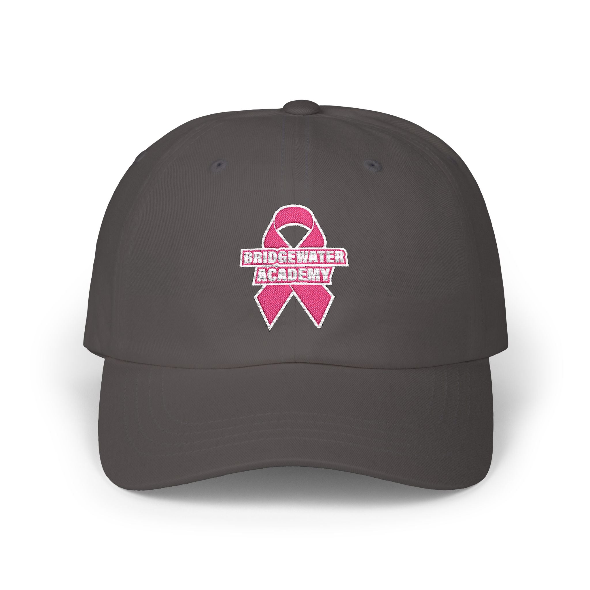 Dark gray cap with pink ribbon logo and 'Bridgewater Academy' text on a white background