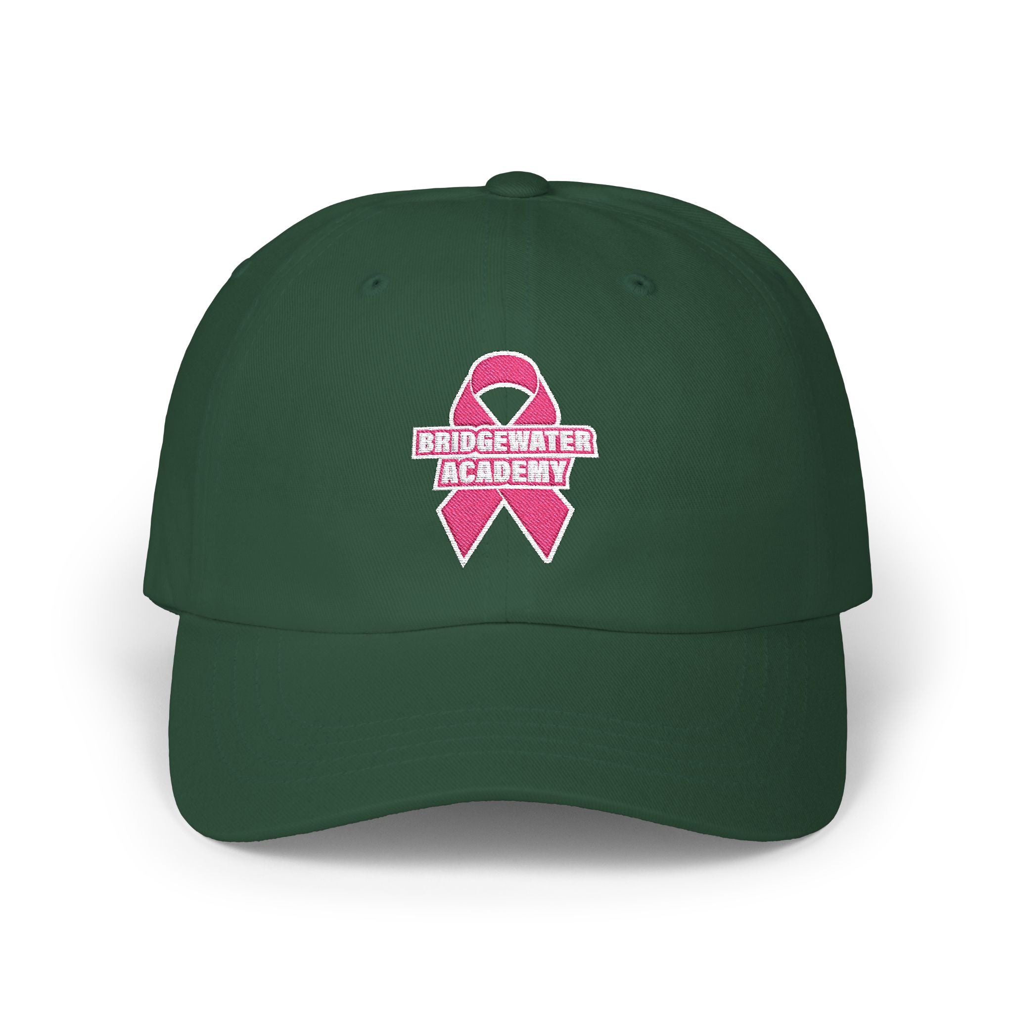 Green cap with pink ribbon and 'Bridgewater Academy' text on a white background