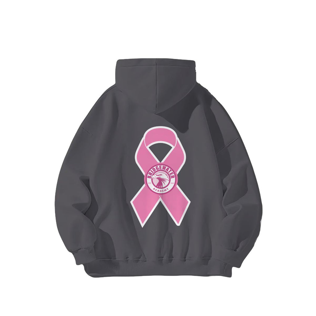 Dark gray hoodie with a pink breast cancer awareness ribbon on the back against a white background