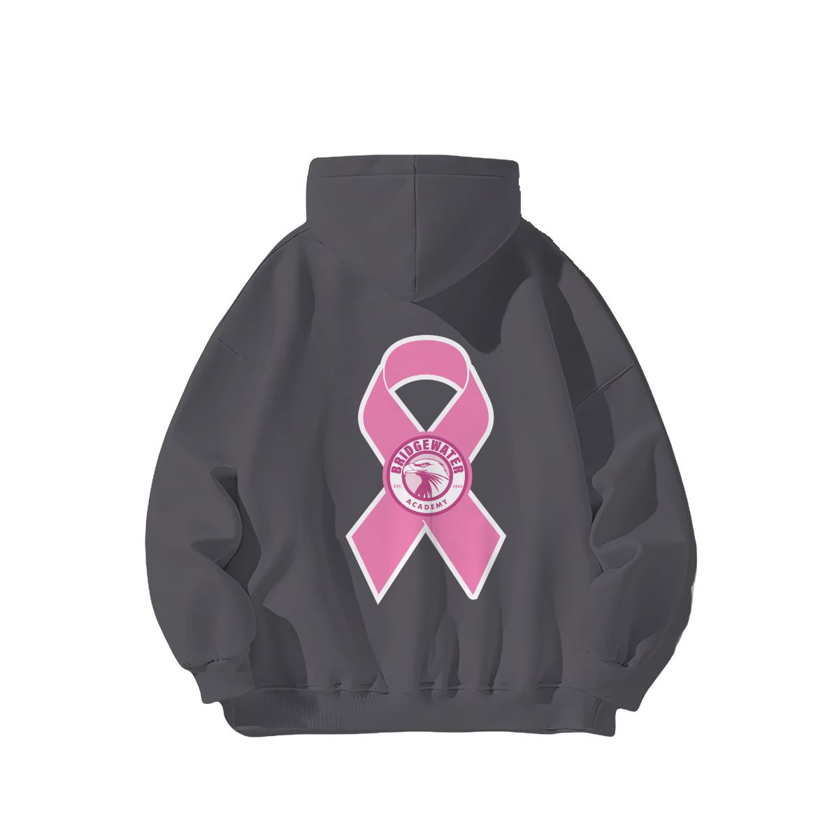 Dark gray hoodie with a pink breast cancer awareness ribbon on the back against a white background