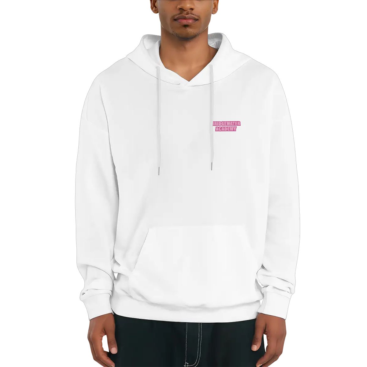 White hoodie with a pink logo on a white background