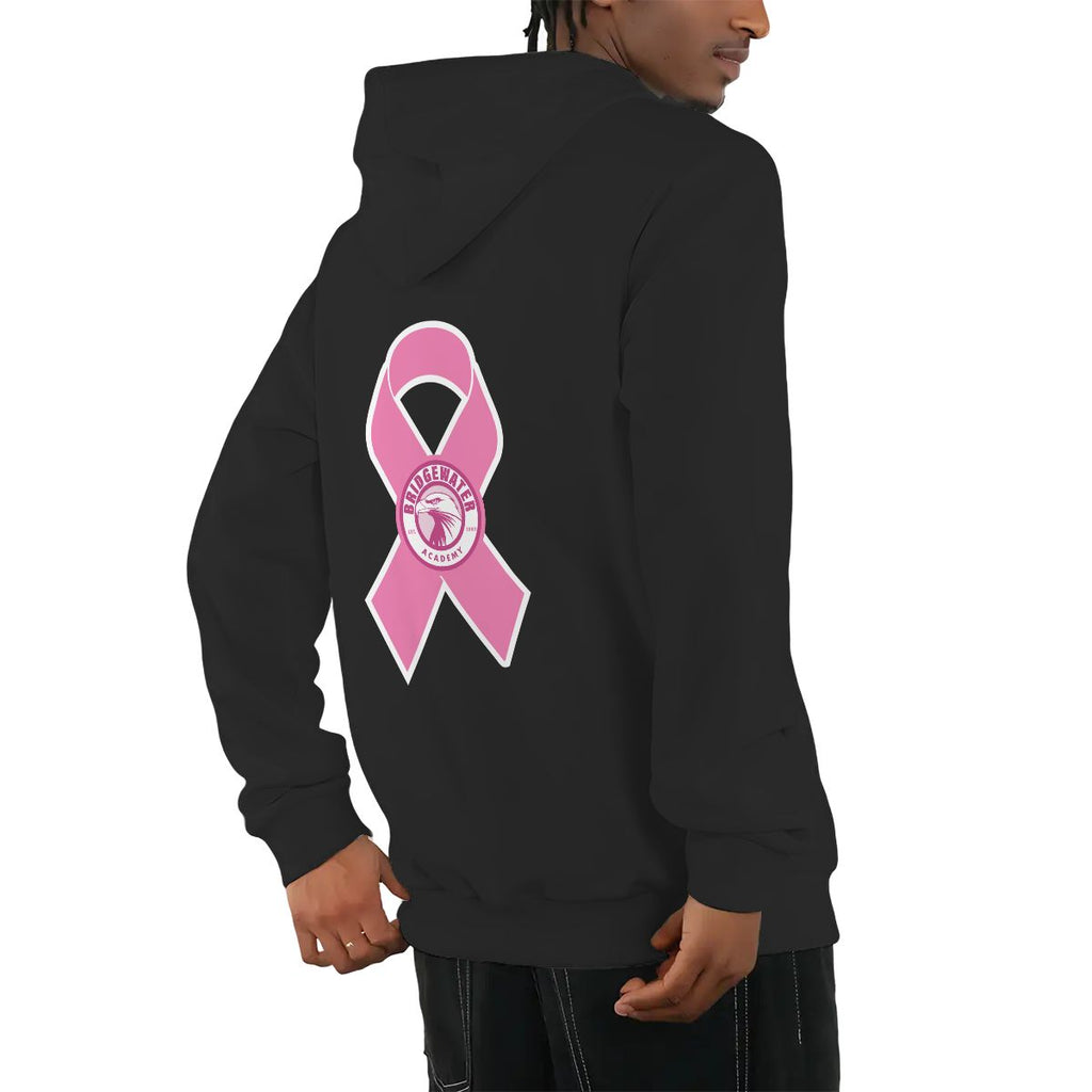 Black hoodie with a pink breast cancer awareness ribbon on the back, worn by a person.