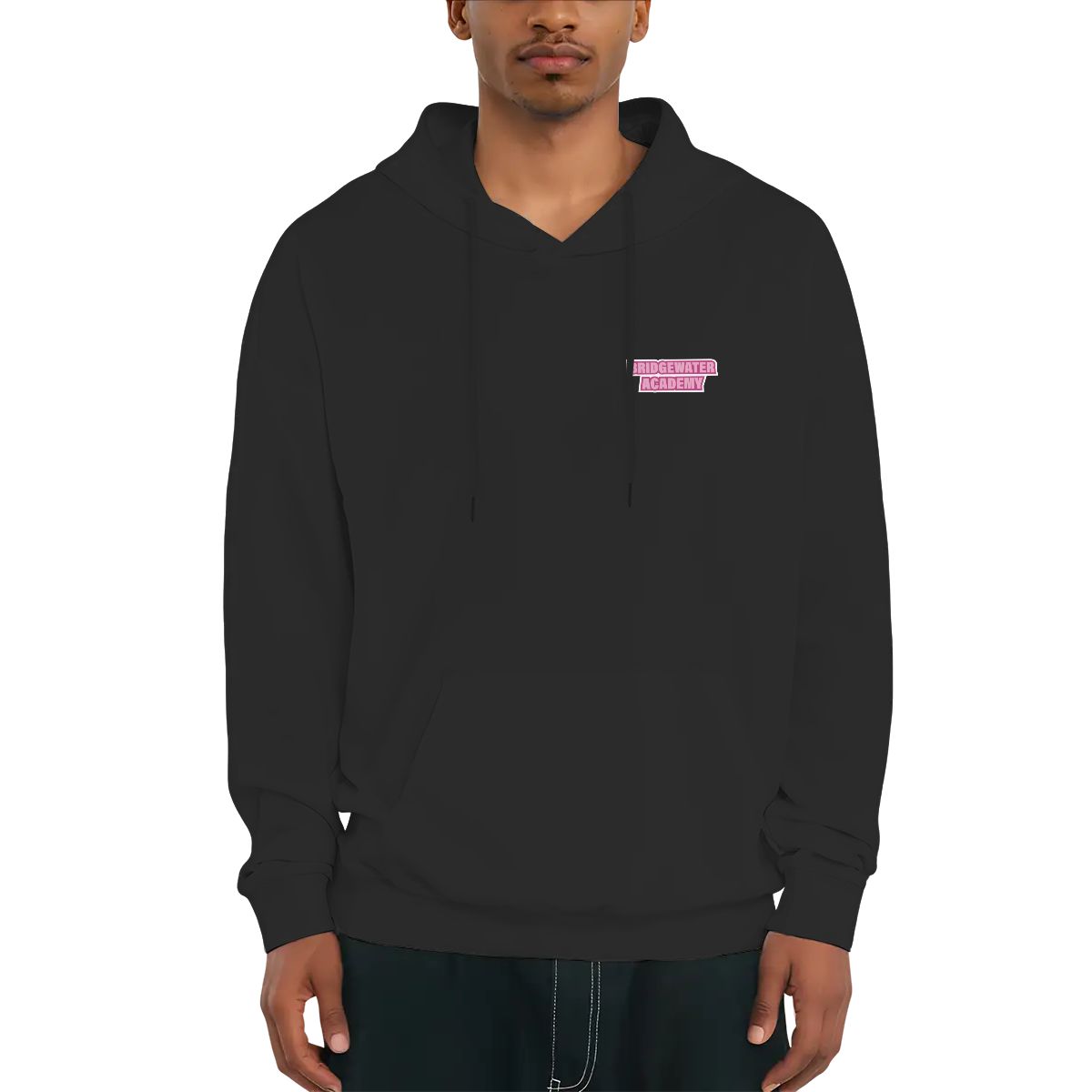 Person wearing a black hoodie with a pink logo on a white background