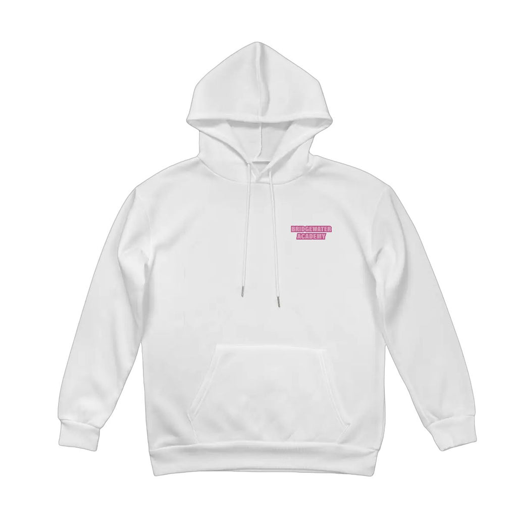 White hoodie with a pink logo on a white background