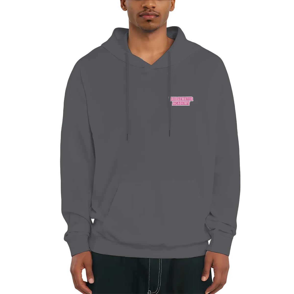 Person wearing a gray hoodie with a pink logo on a white background