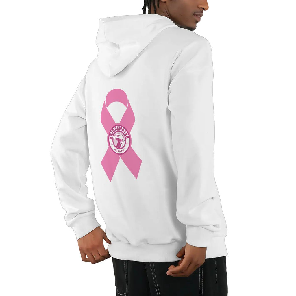 White hoodie with pink breast cancer awareness ribbon on the back, worn by a person.