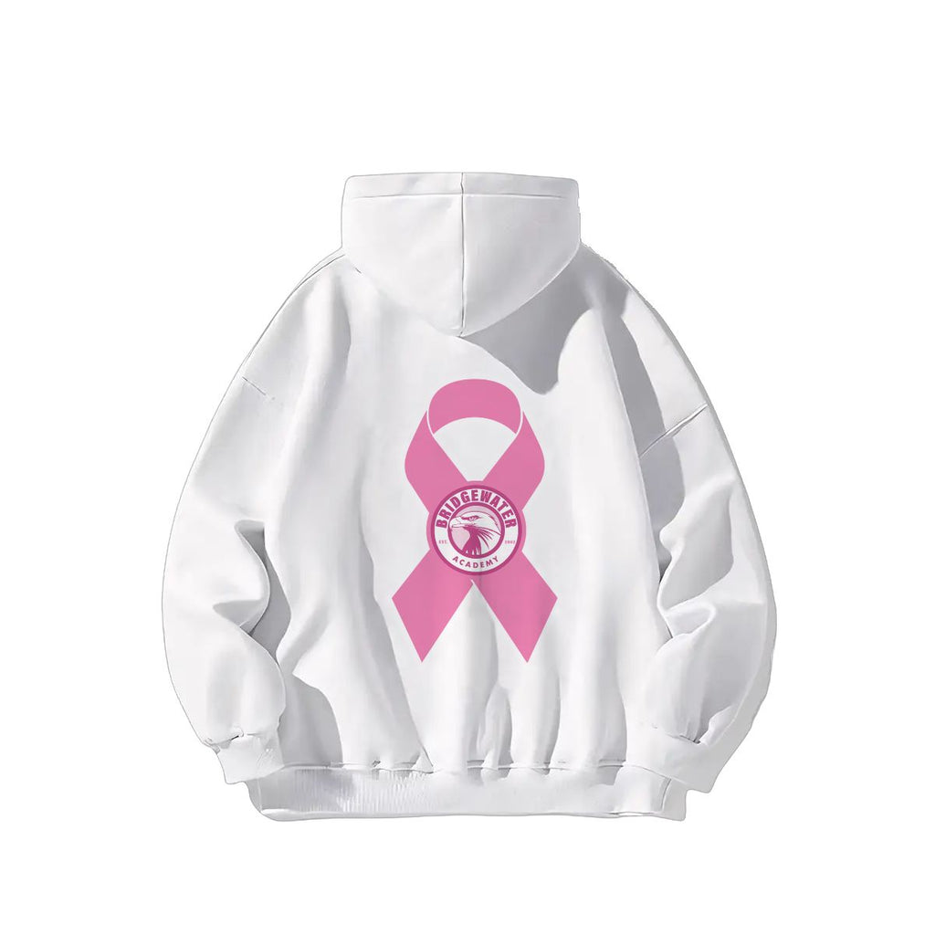 White hoodie with pink breast cancer awareness ribbon design on a white background