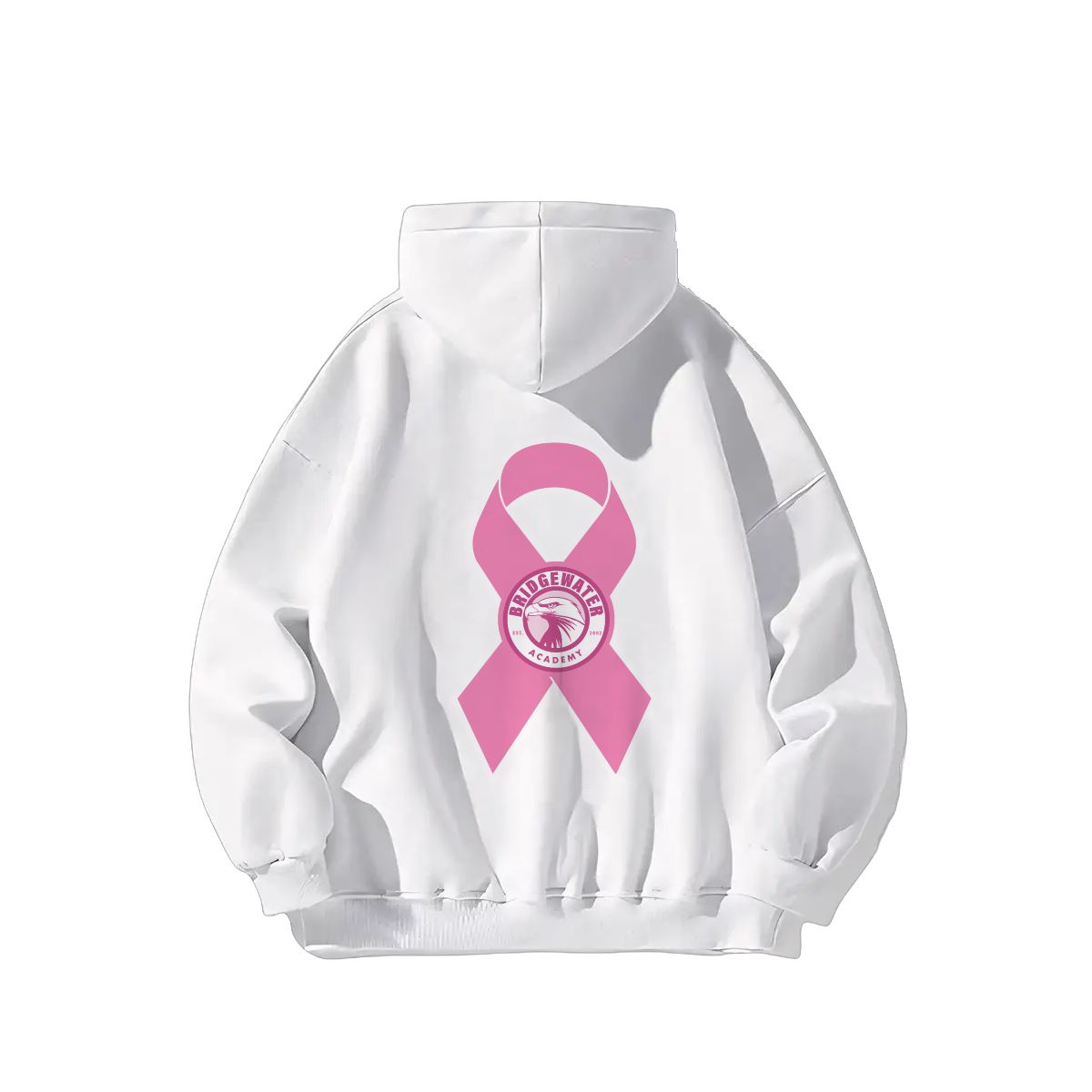 White hoodie with pink breast cancer awareness ribbon design on a white background