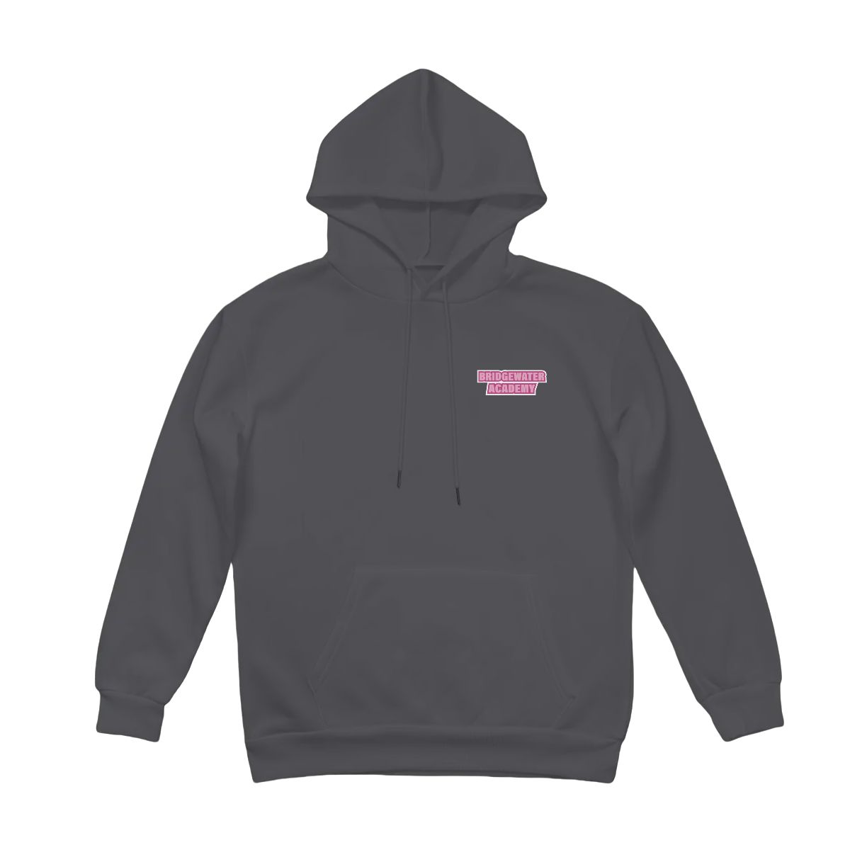 Dark gray hoodie with a pink logo on a white background
