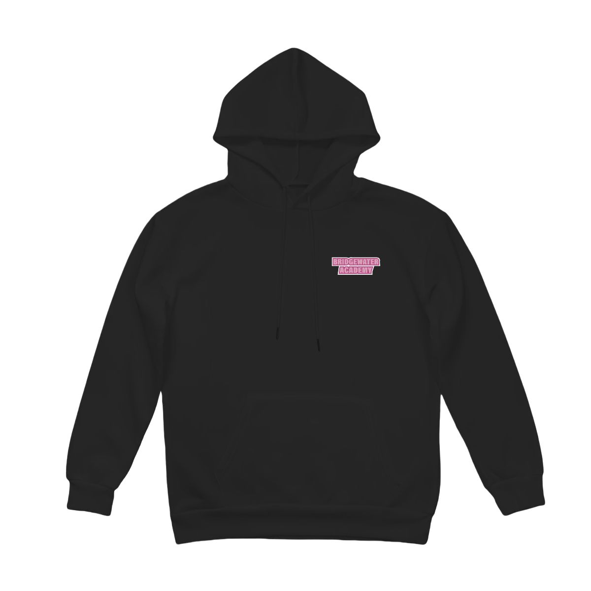 Black hoodie with a pink logo on the chest against a white background