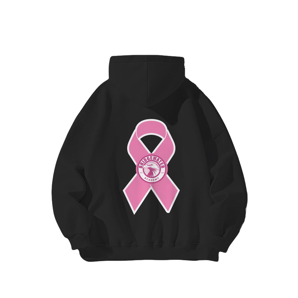 Black hoodie with a pink breast cancer awareness ribbon on a white background